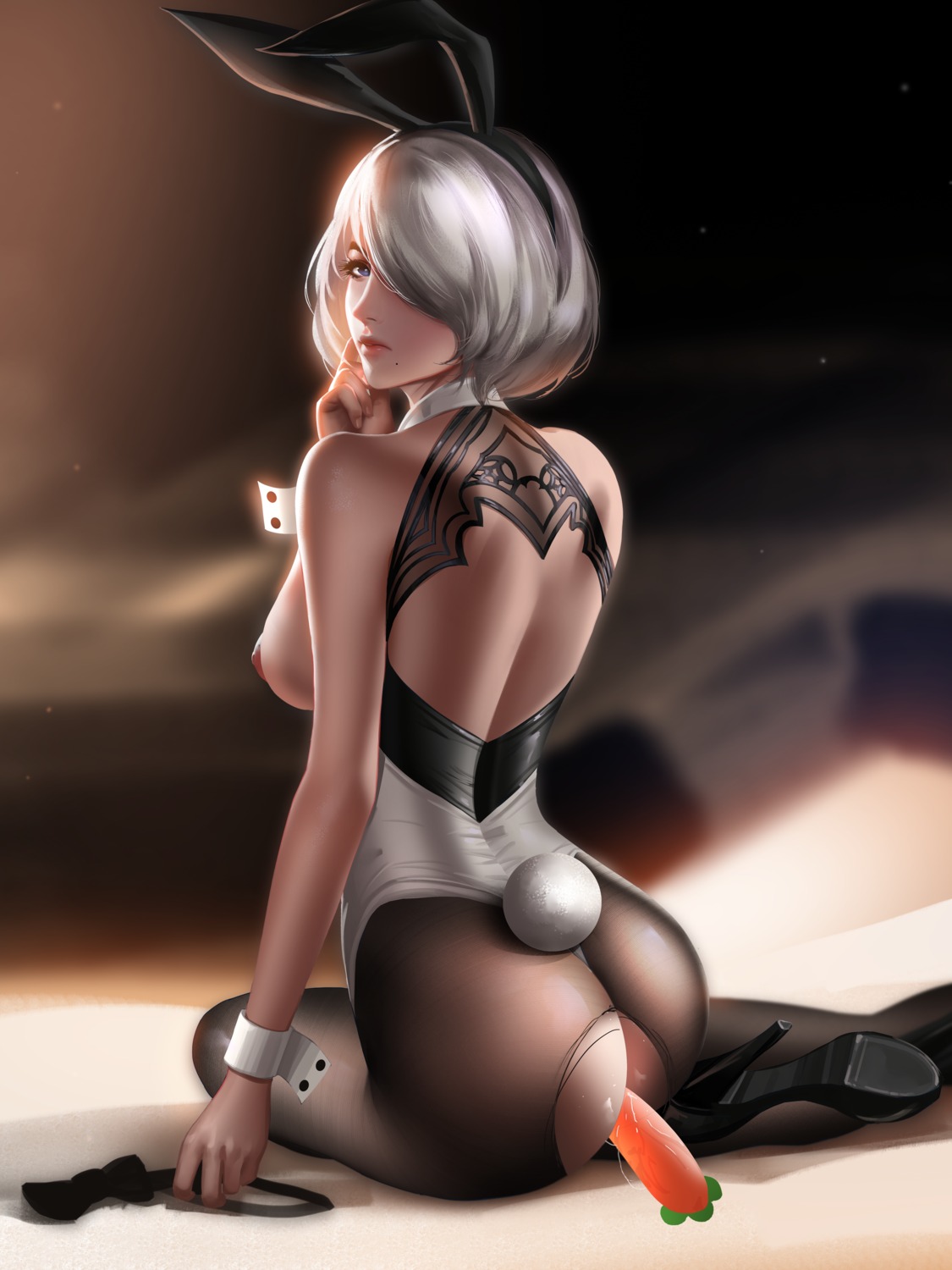 animal_ears ass breasts bunny_ears bunny_girl dildo heels liang_xing nier nier_automata nipples no_bra nopan pantyhose pussy_juice tail torn_clothes yorha_no.2_type_b