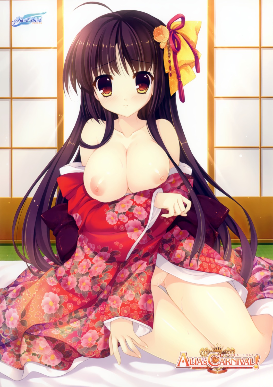 alia's_carnival breast_hold breasts kimono mitha nanawind nipples no_bra nopan saijo_karin