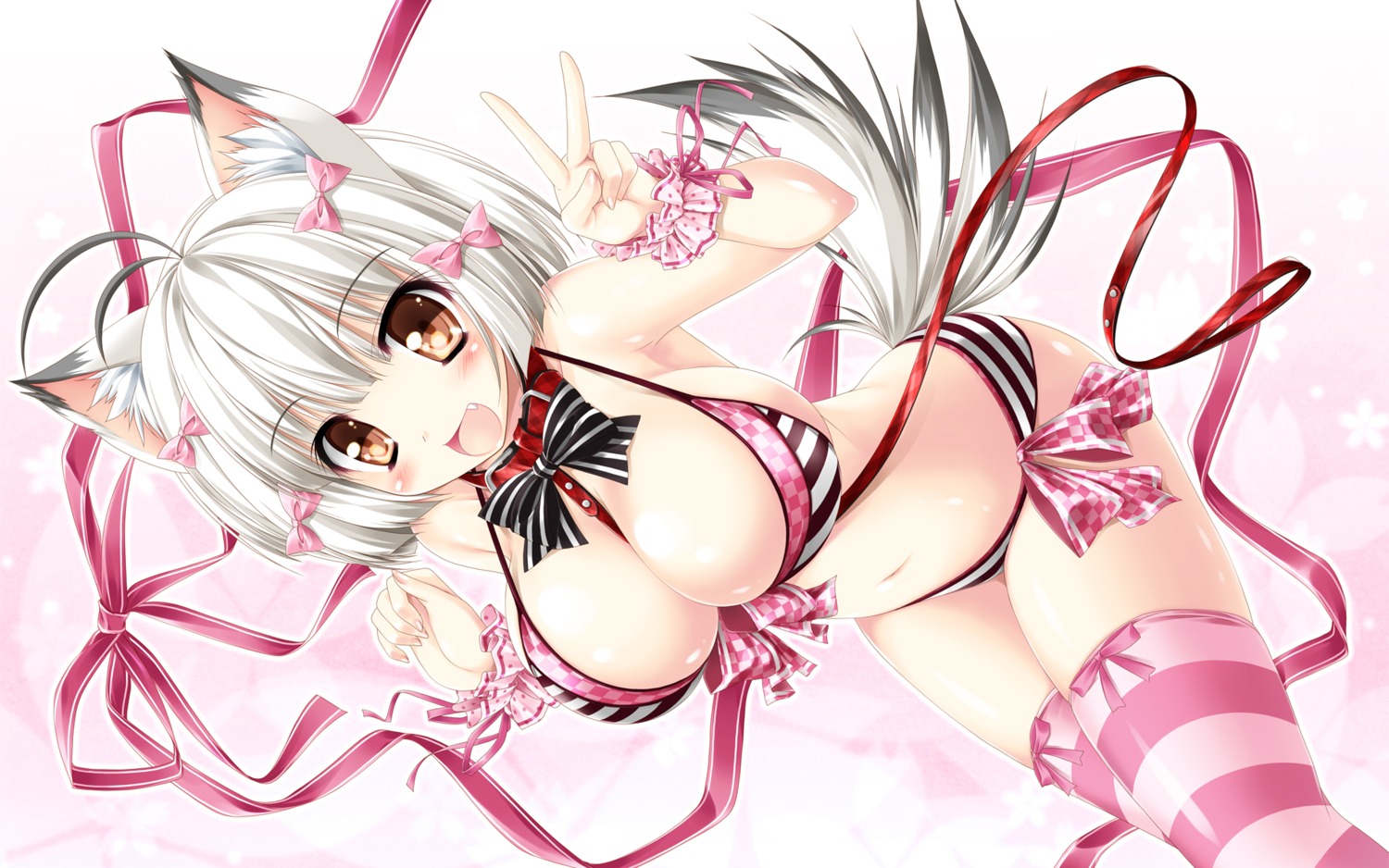 animal_ears bikini cleavage kamiya_tomoe pantsu shimapan swimsuits tail thighhighs wallpaper