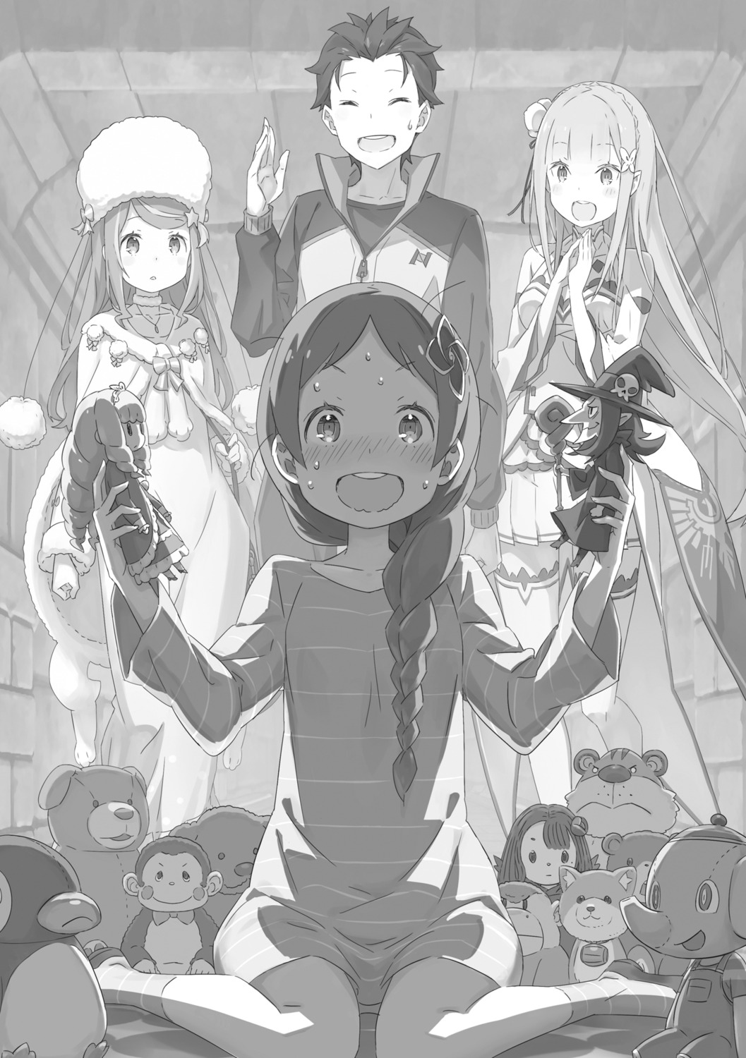 anastasia_hoshin beatrice_(re_zero) chibi elf emilia_(re_zero) meili_portroute monochrome natsuki_subaru ootsuka_shinichirou pointy_ears re_zero_kara_hajimeru_isekai_seikatsu thighhighs