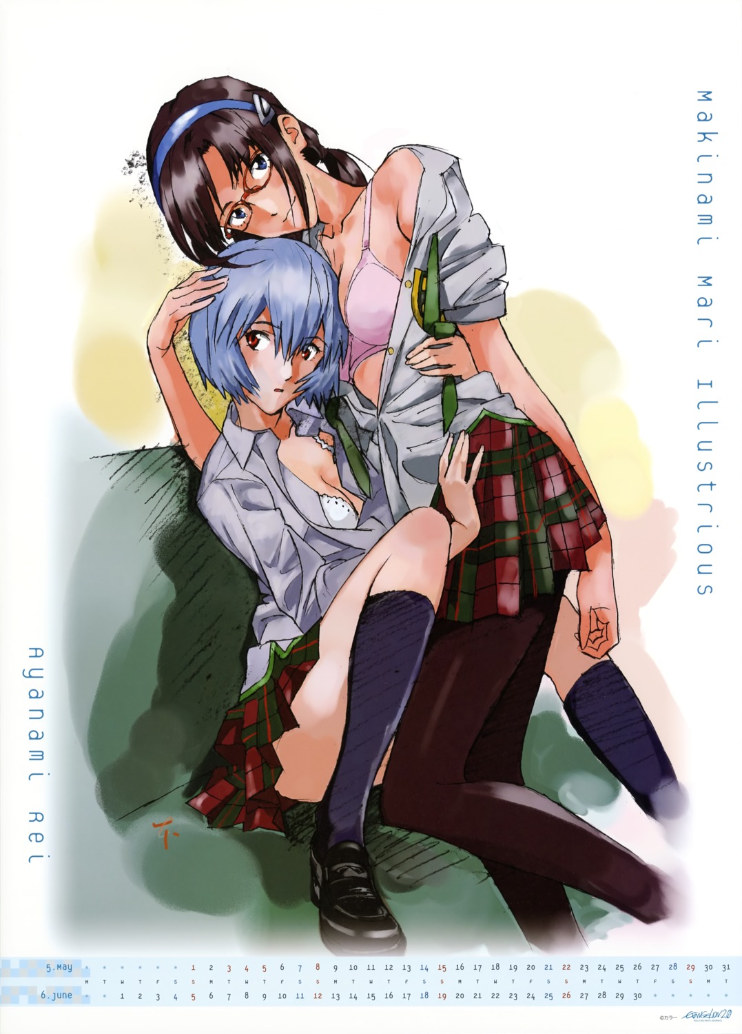 ayanami_rei bra calendar honda_takeshi makinami_mari_illustrious megane neon_genesis_evangelion open_shirt pantyhose seifuku undressing