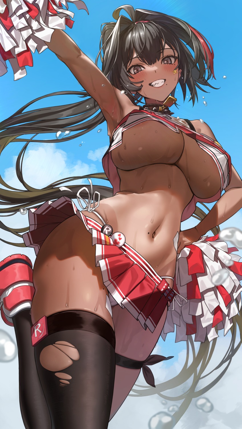 bay cheerleader erect_nipples garter nikke_the_goddess_of_victory no_bra pantsu skirt_lift tattoo thighhighs torn_clothes underboob wet yukiman1056