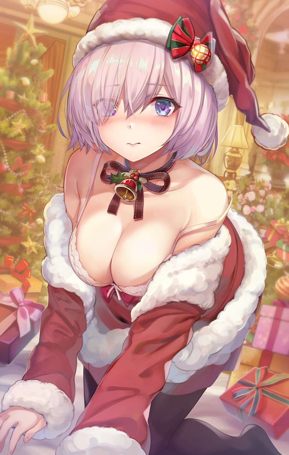 bra christmas fate/grand_order mash_kyrielight open_shirt pantyhose torino_akua wardrobe_malfunction