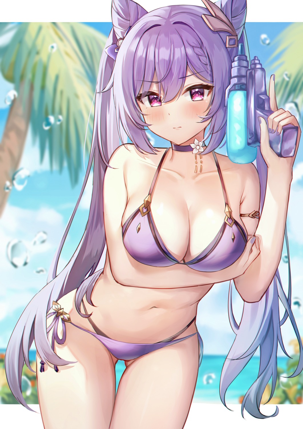 bikini breast_hold eric_(tianqijiang) genshin_impact gun keqing swimsuits