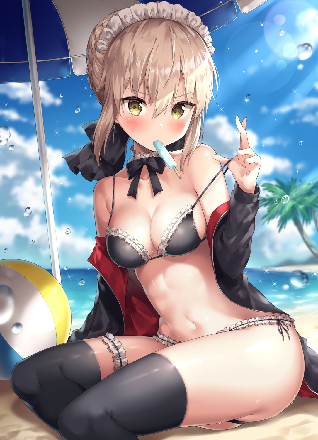 ale_nqki bikini cleavage fate/grand_order garter maid open_shirt saber saber_alter swimsuits thighhighs undressing