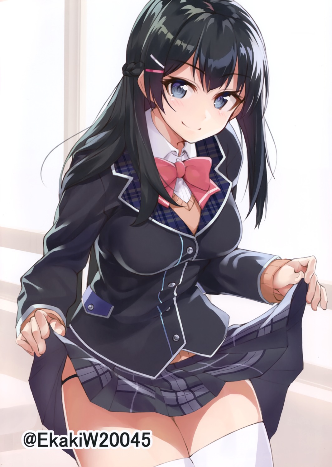 karomix karory nijisanji seifuku skirt_lift sweater thighhighs tsukino_mito