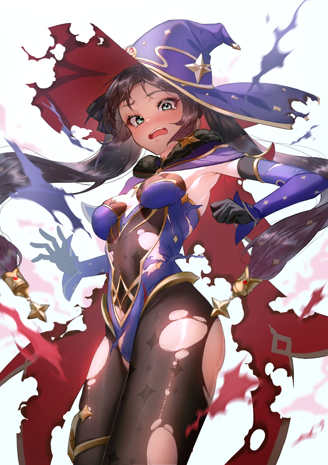 garter genshin_impact ichibi leotard mona_megistus no_bra pantyhose torn_clothes witch