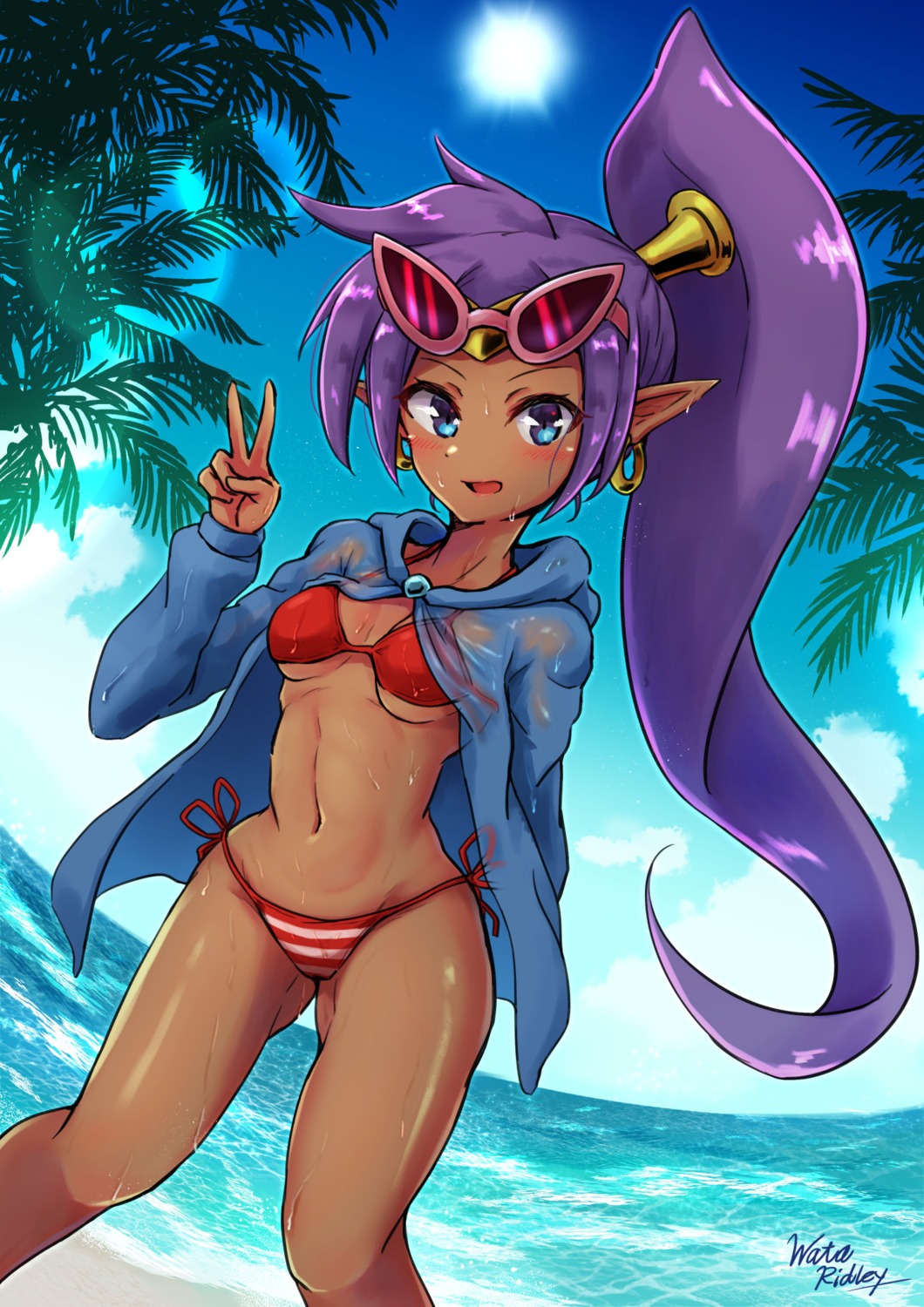 bikini megane open_shirt pointy_ears see_through shantae shantae_(character) swimsuits wakaba_(wata_ridley) wet wet_clothes