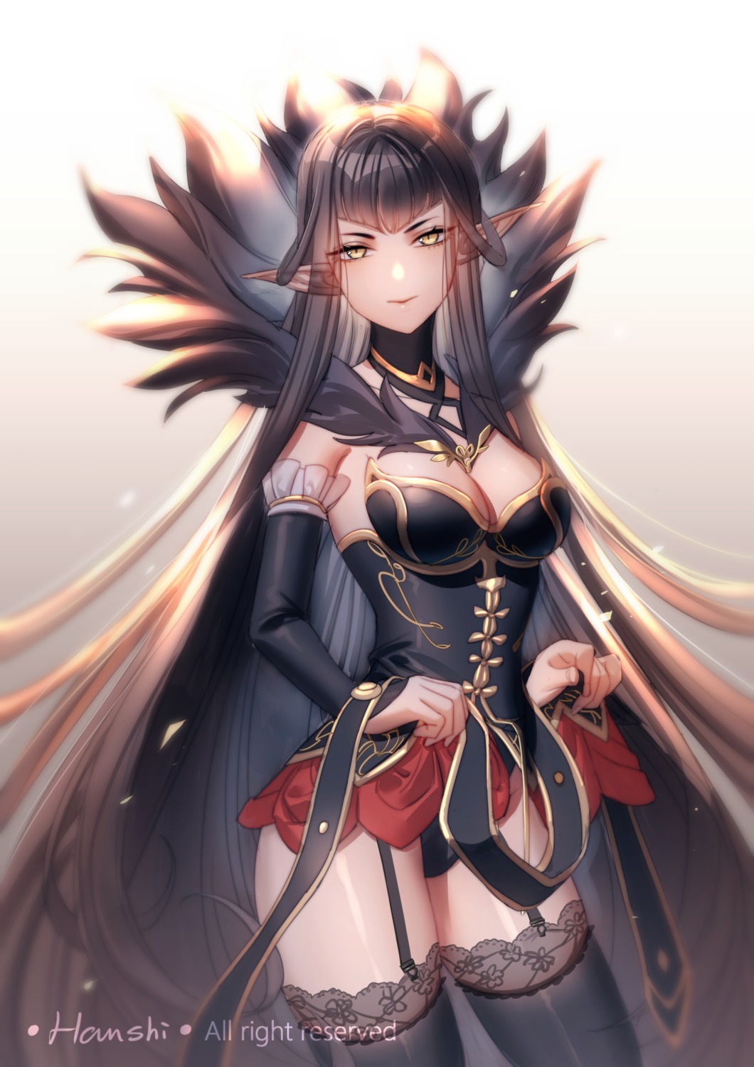 anier armor cleavage fate/apocrypha fate/stay_night leotard pointy_ears semiramis_(fate) skirt_lift stockings thighhighs