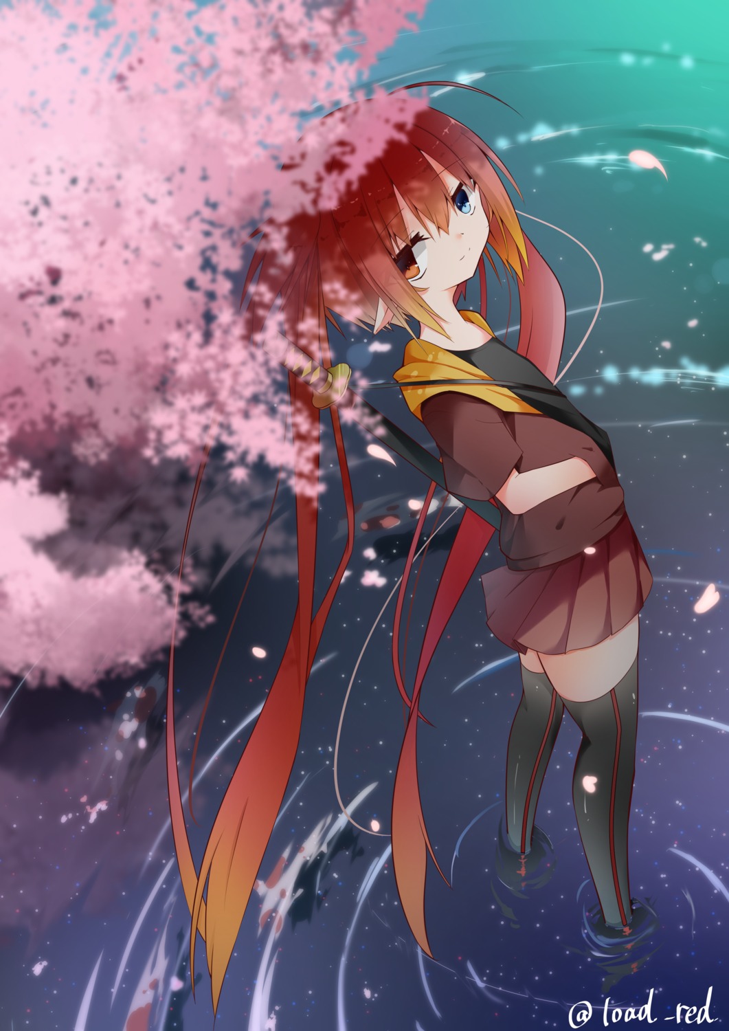 heterochromia pointy_ears red_(id3283372) sword thighhighs wet