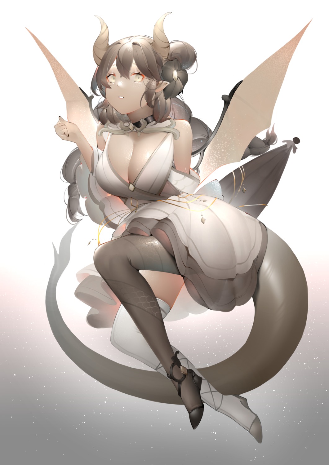 dress horns meoniac no_bra pointy_ears skirt_lift tail thighhighs wings