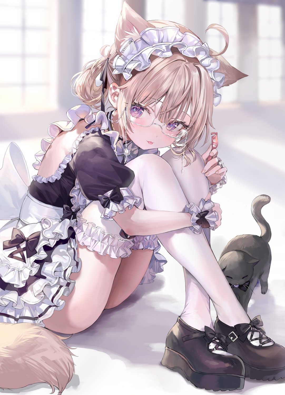 animal_ears maid megane momoko_(momopoco) neko nekomimi skirt_lift tail thighhighs