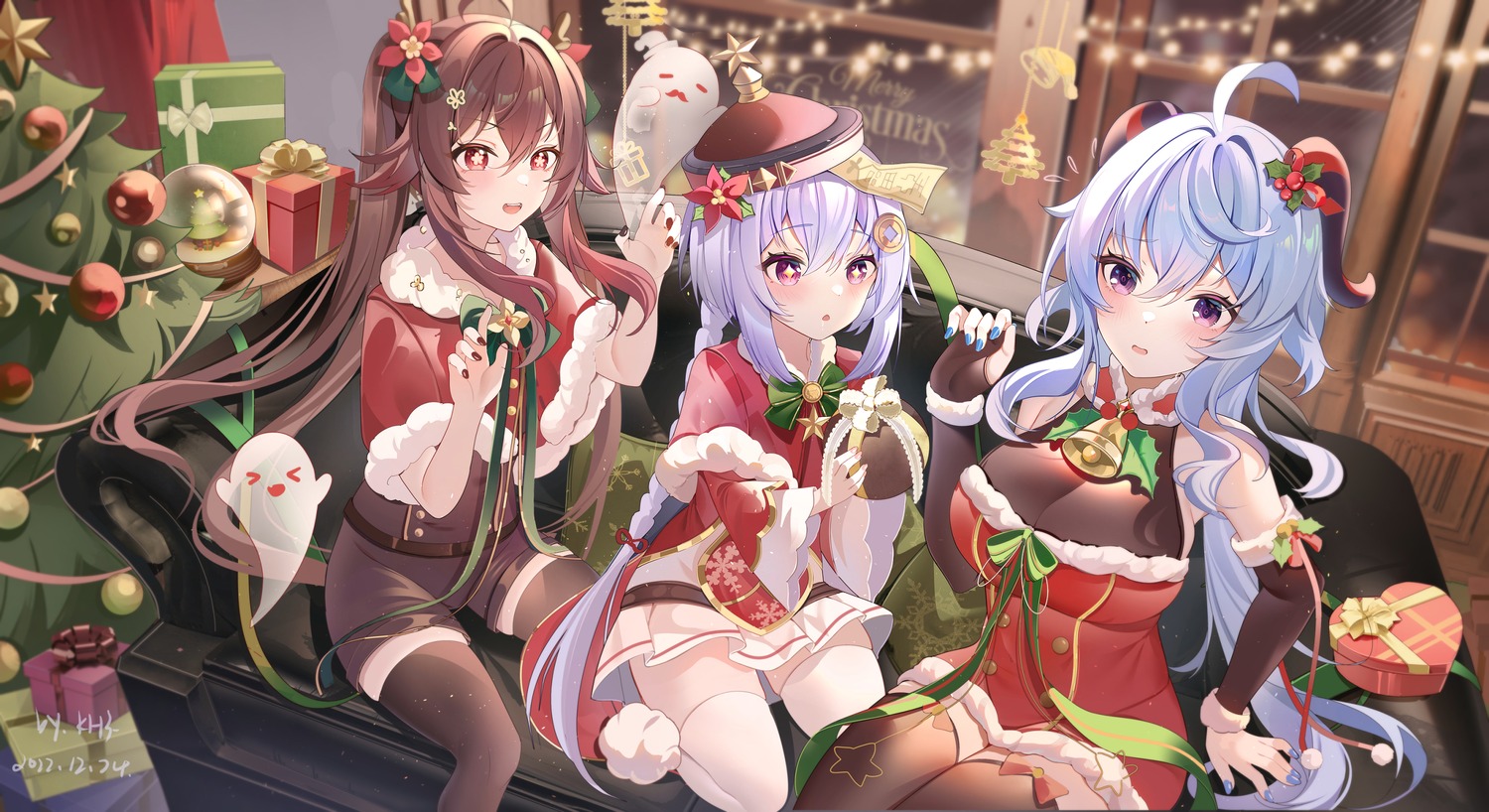 christmas dress ganyu genshin_impact horns hu_tao miaogujun qiqi thighhighs