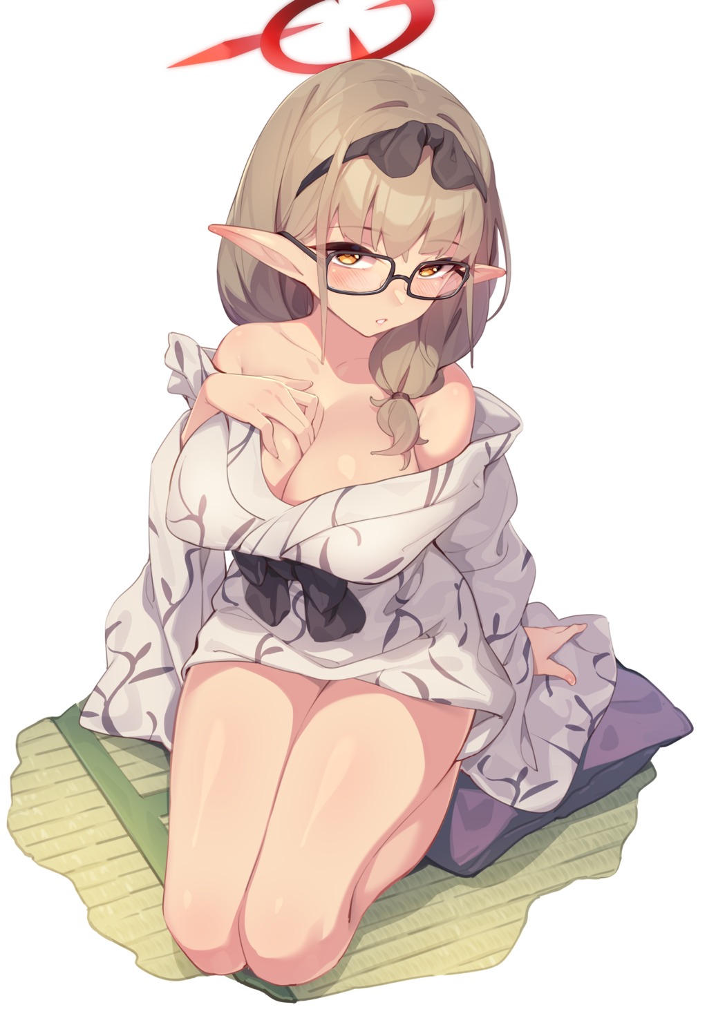 blue_archive halo hinomiya_chinatsu kimono megane no_bra open_shirt pointy_ears sgt-jz