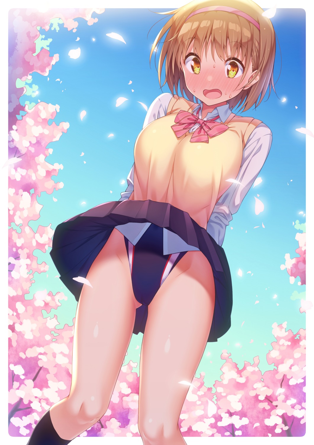 cameltoe hotaka_mai kazuma_(kazumav) seifuku skirt_lift sweater swimsuits wardrobe_malfunction