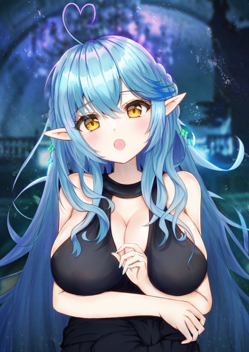 breast_hold cleavage elf hololive mito_soosu no_bra pointy_ears yukihana_lamy