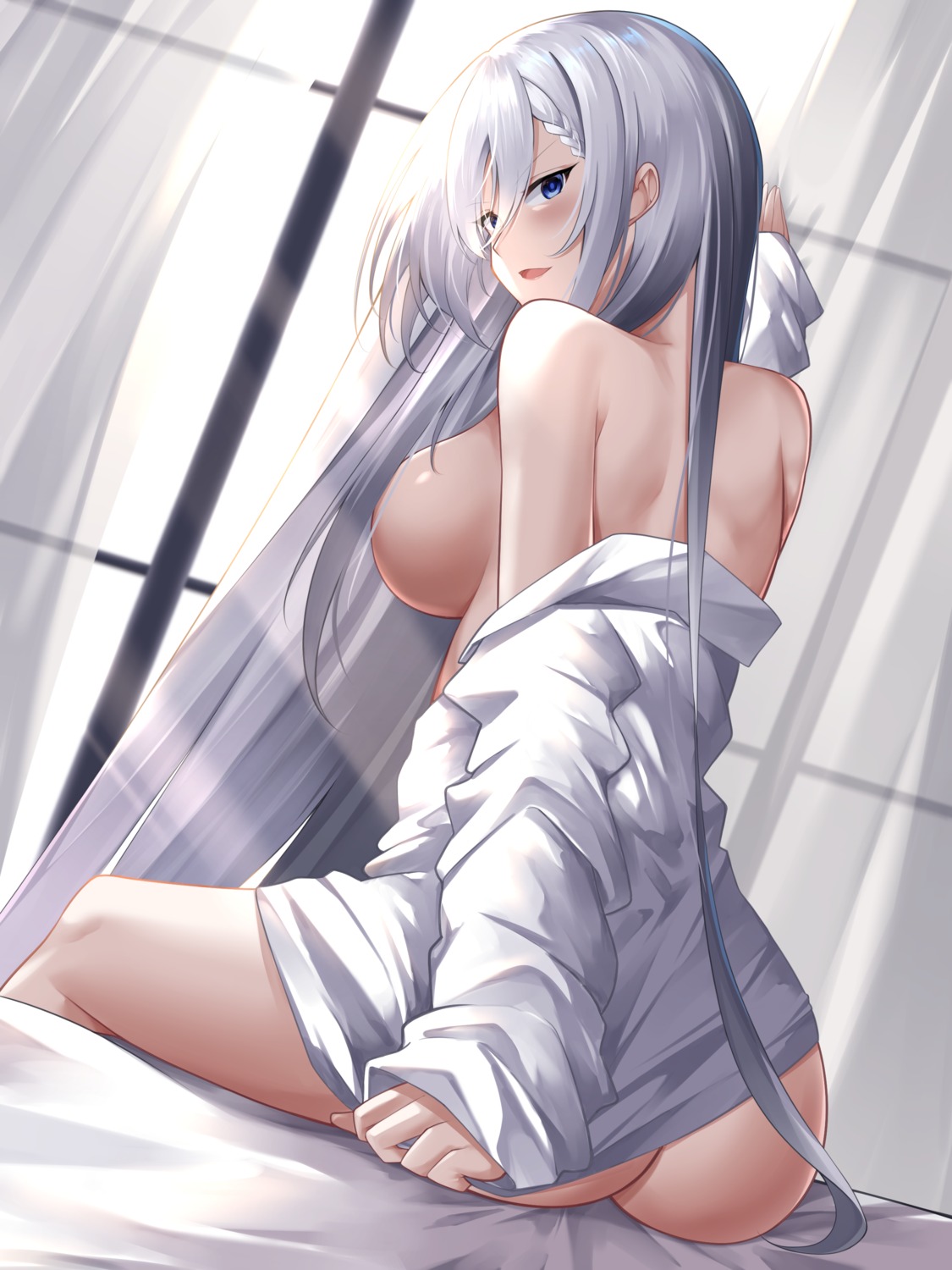 ass azur_lane belfast_(azur_lane) bottomless breasts dress_shirt no_bra open_shirt yan_lie