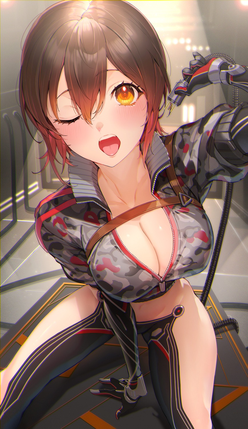 cleavage hololive kakage nopan open_shirt roboco-san