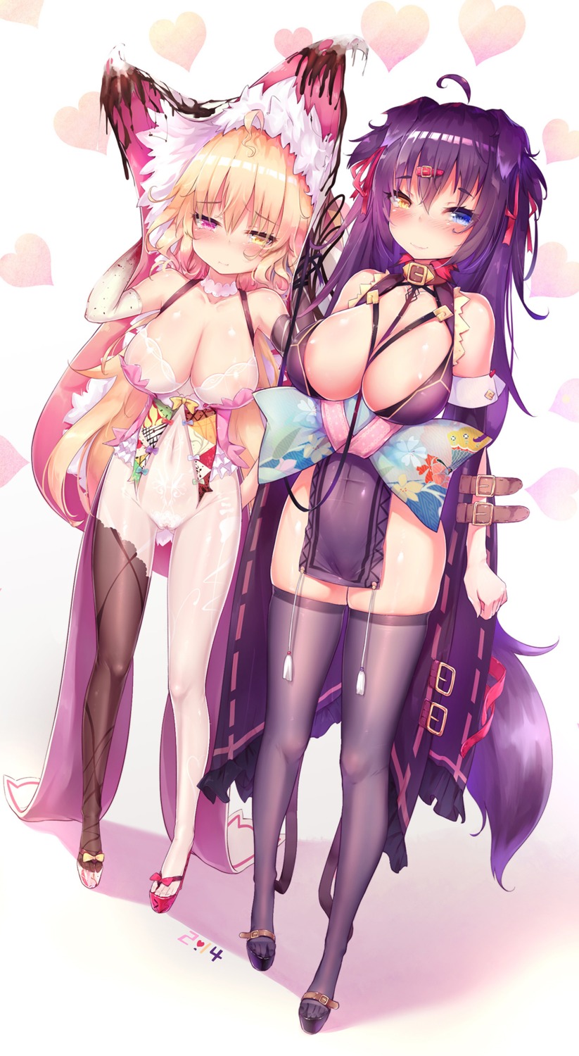 animal_ears areola cameltoe cleavage dk_senie heterochromia japanese_clothes nopan see_through tail thighhighs