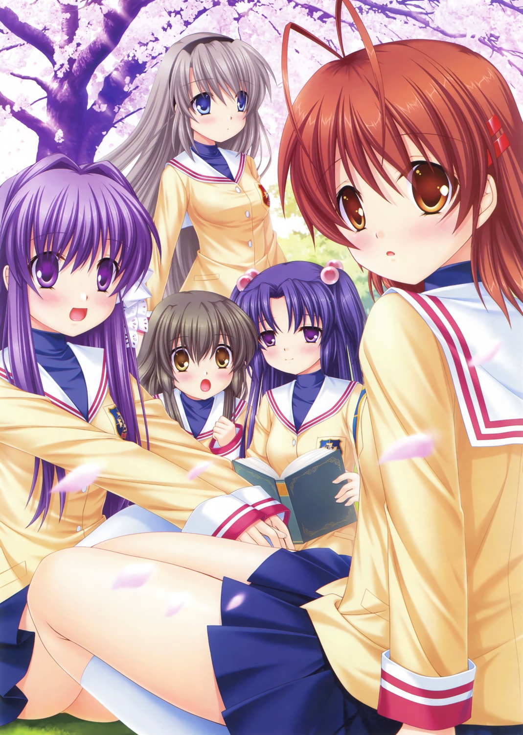 clannad fujibayashi_kyou furukawa_nagisa hinoue_itaru ibuki_fuuko ichinose_kotomi key sakagami_tomoyo seifuku skirt_lift thighhighs