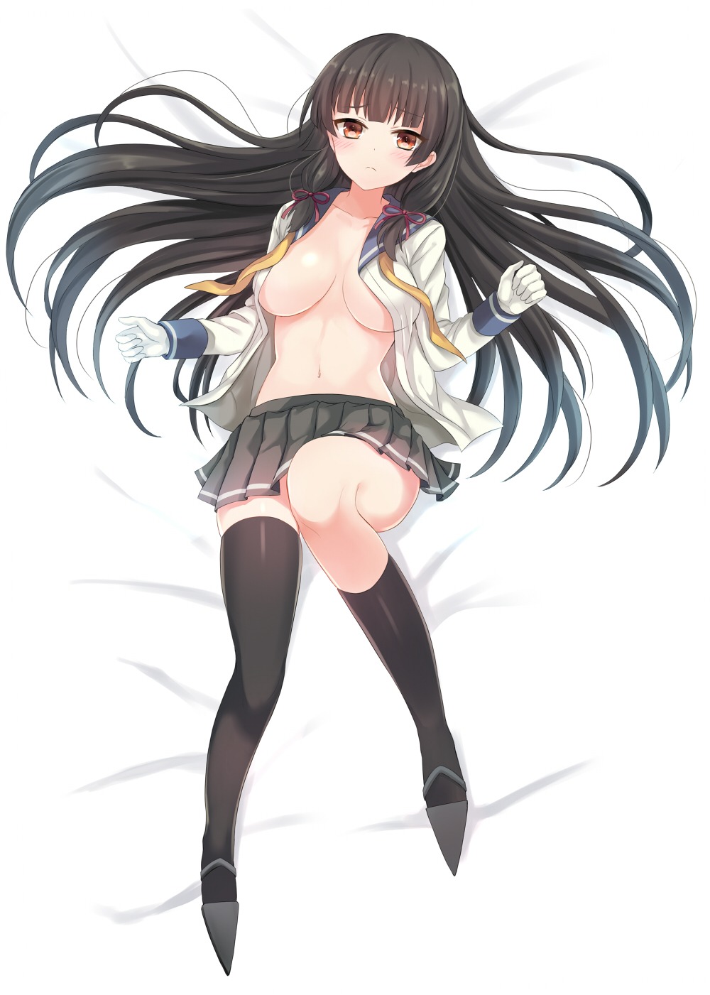 cleavage harimoji isokaze_(kancolle) kantai_collection no_bra open_shirt thighhighs underboob