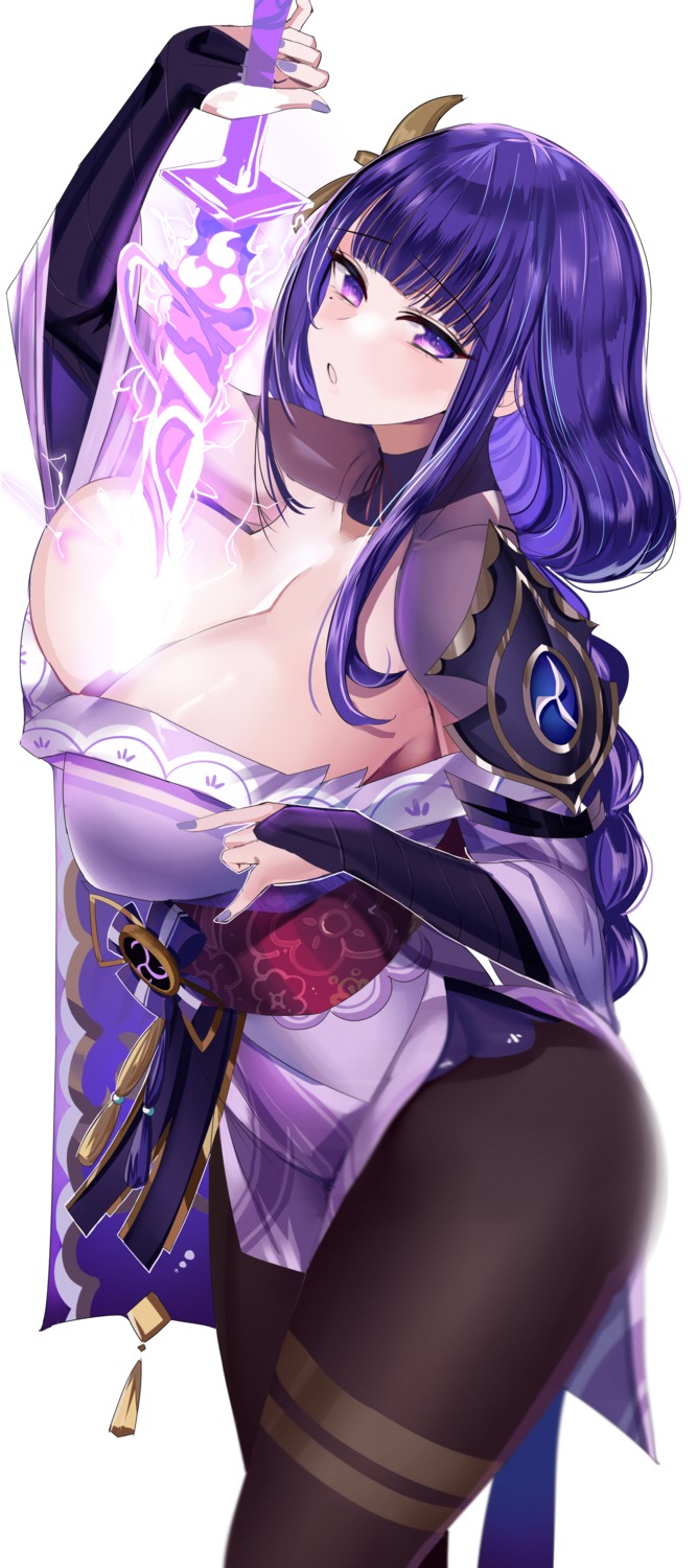 armor breasts genshin_impact hanasaka_houcha japanese_clothes no_bra open_shirt pantyhose raiden_shogun sword