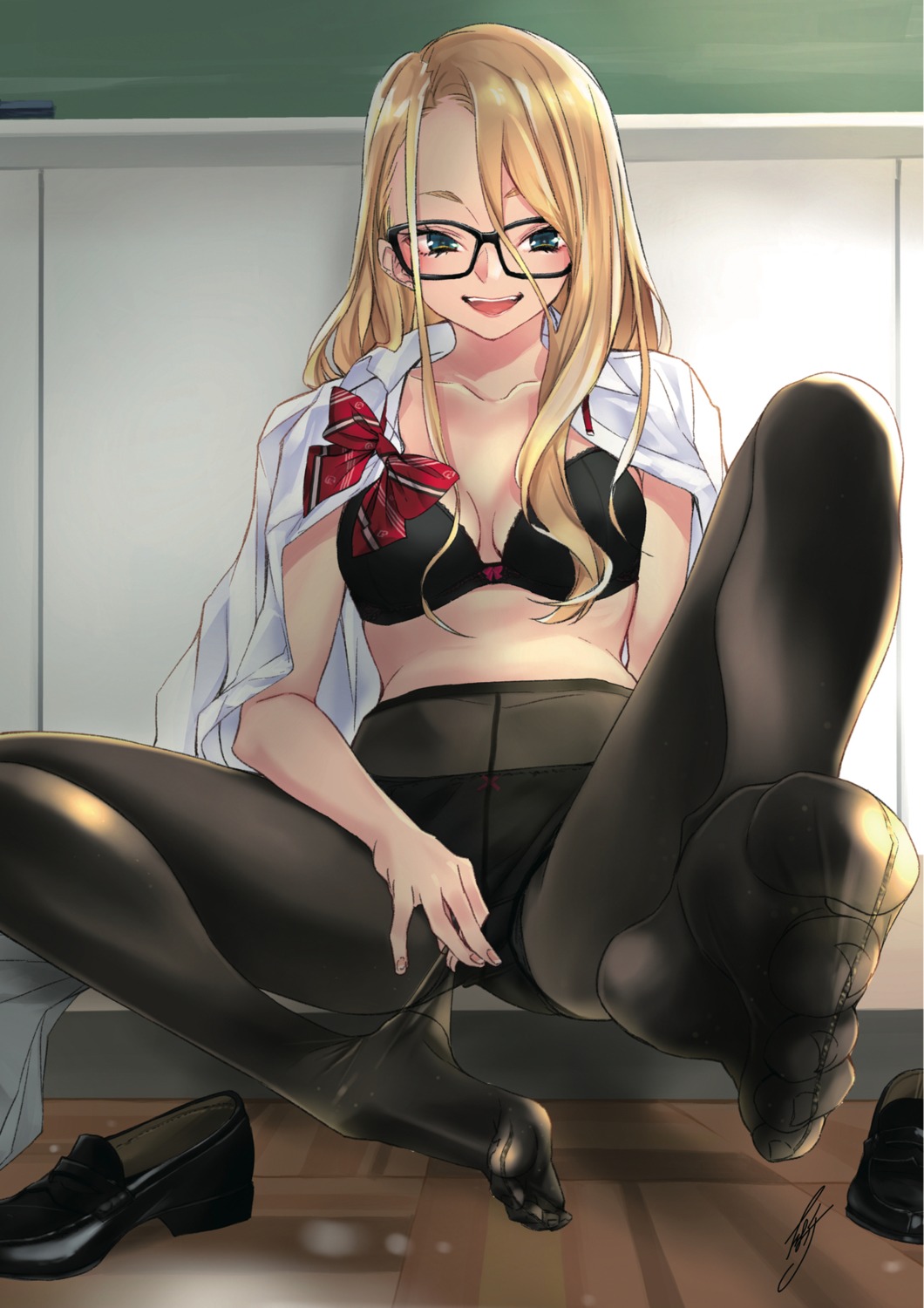 bra cleavage feet megane open_shirt pantsu pantyhose sasetsu seifuku