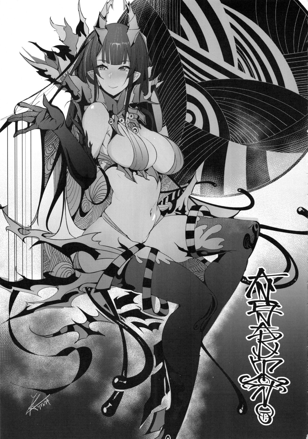 bikini horns monochrome pointy_ears scanning_artifacts swimsuits tagme thighhighs