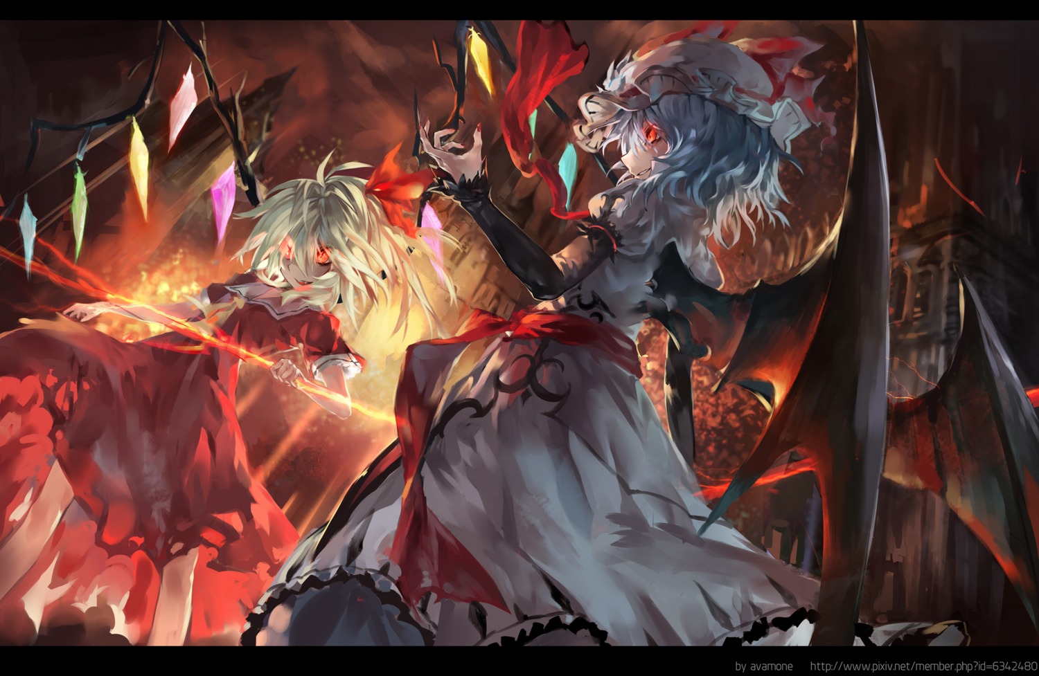 azomo dress flandre_scarlet remilia_scarlet torn_clothes touhou weapon wings