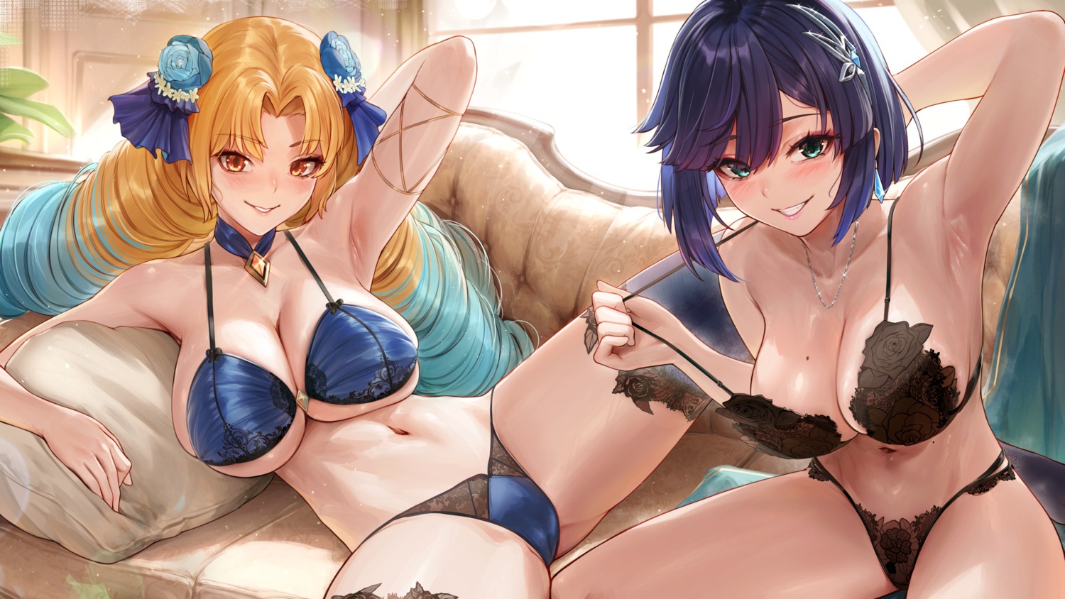 astraea_(fate) bra cameltoe crossover fate/grand_order genshin_impact lingerie padoruu pantsu thighhighs thong undressing yelan