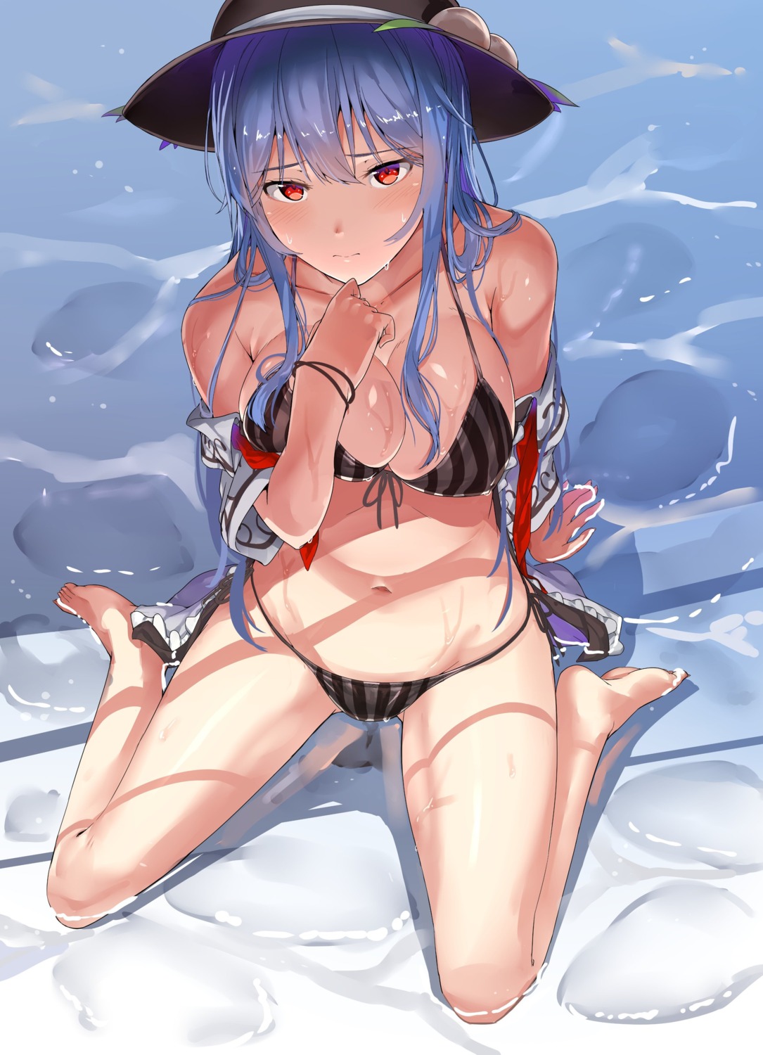 bikini breast_hold hinanawi_tenshi neropaso open_shirt swimsuits touhou wet