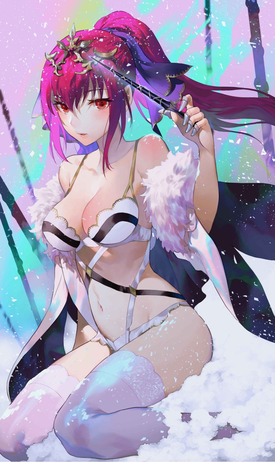 bra cleavage fate/grand_order lingerie open_shirt pantsu salmon88 scathach_skadi thighhighs weapon