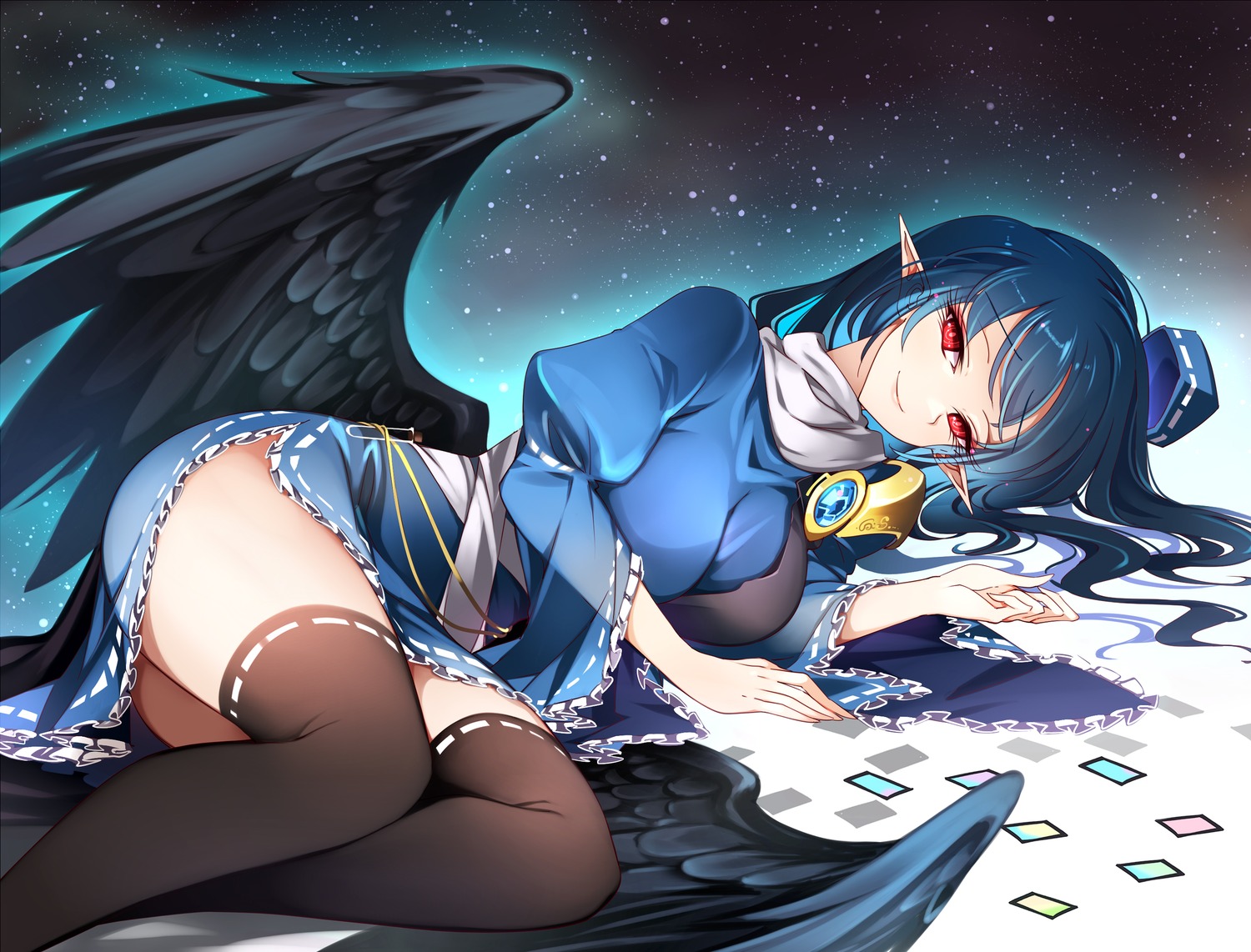 pointy_ears skirt_lift tagme thighhighs wings