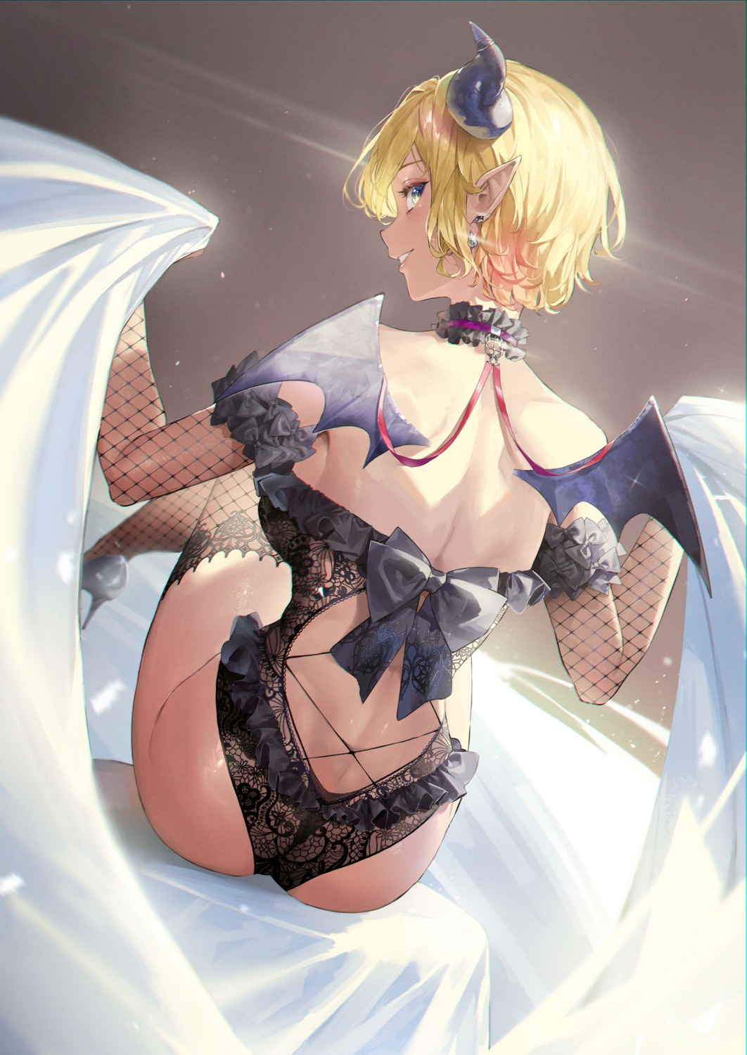 fishnets heels hololive horns kuroi_suna leotard no_bra pointy_ears thighhighs wings yuzuki_choco