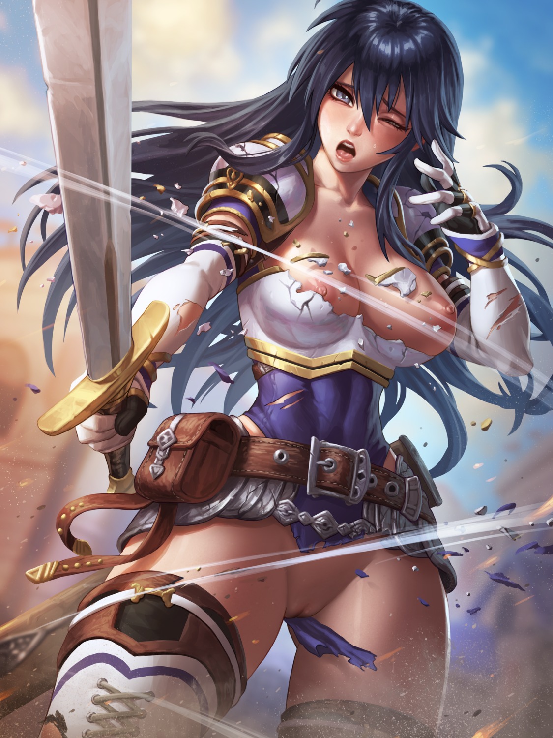 armor ayra_(fire_emblem) breasts fire_emblem fire_emblem:_seisen_no_keifu fire_emblem_heroes leotard nipples no_bra nopan pussy speh thighhighs torn_clothes uncensored wardrobe_malfunction