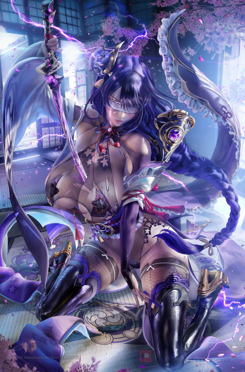 armor bra fishnets genshin_impact heels japanese_clothes leotard pantsu possible_duplicate raiden_shogun sakimichan see_through sword thighhighs torn_clothes