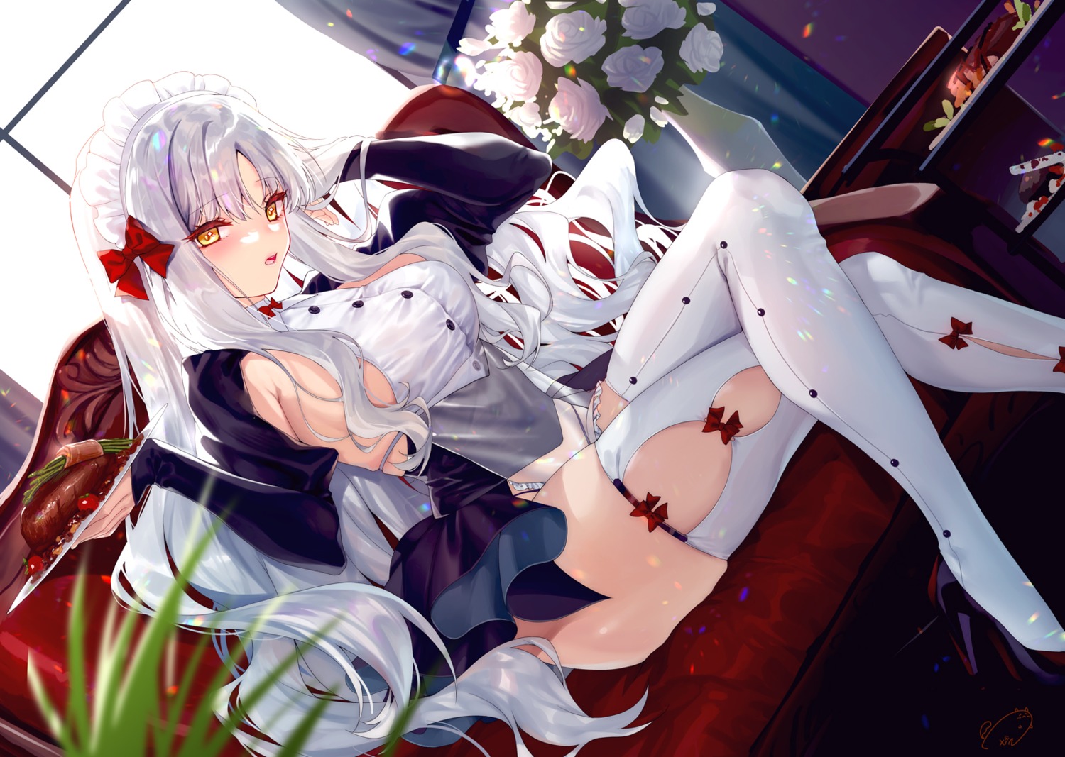 caren_hortensia fate/grand_order heels maid no_bra see_through thighhighs xin