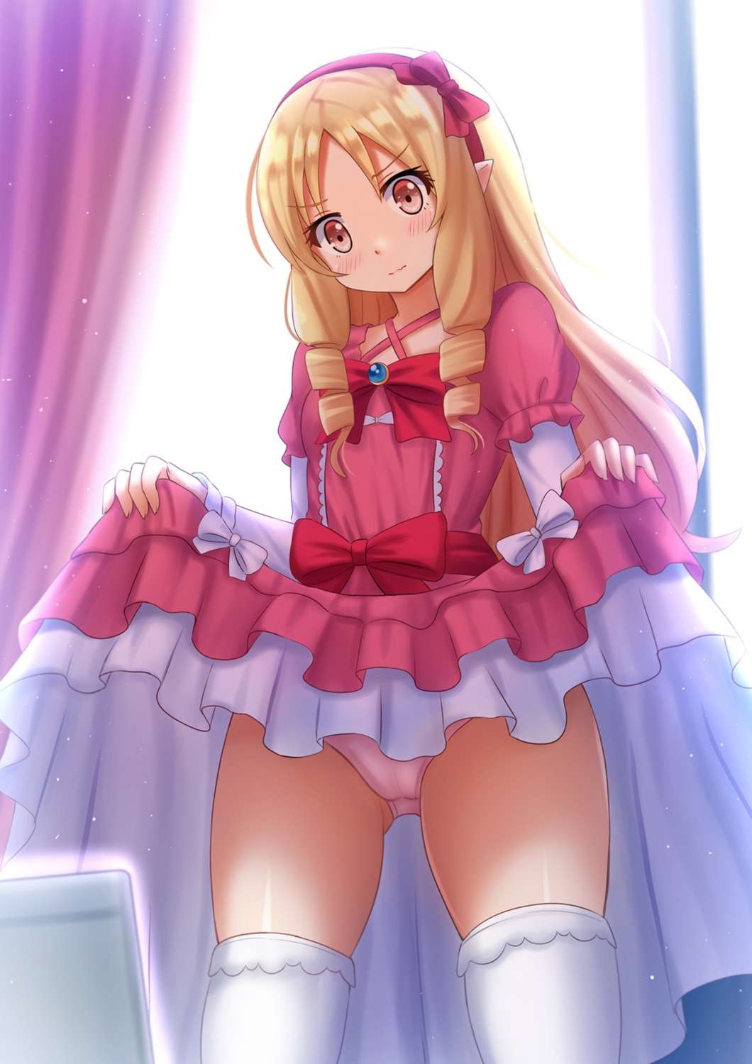 dress eromanga-sensei kazenokaze pantsu pointy_ears skirt_lift thighhighs yamada_elf