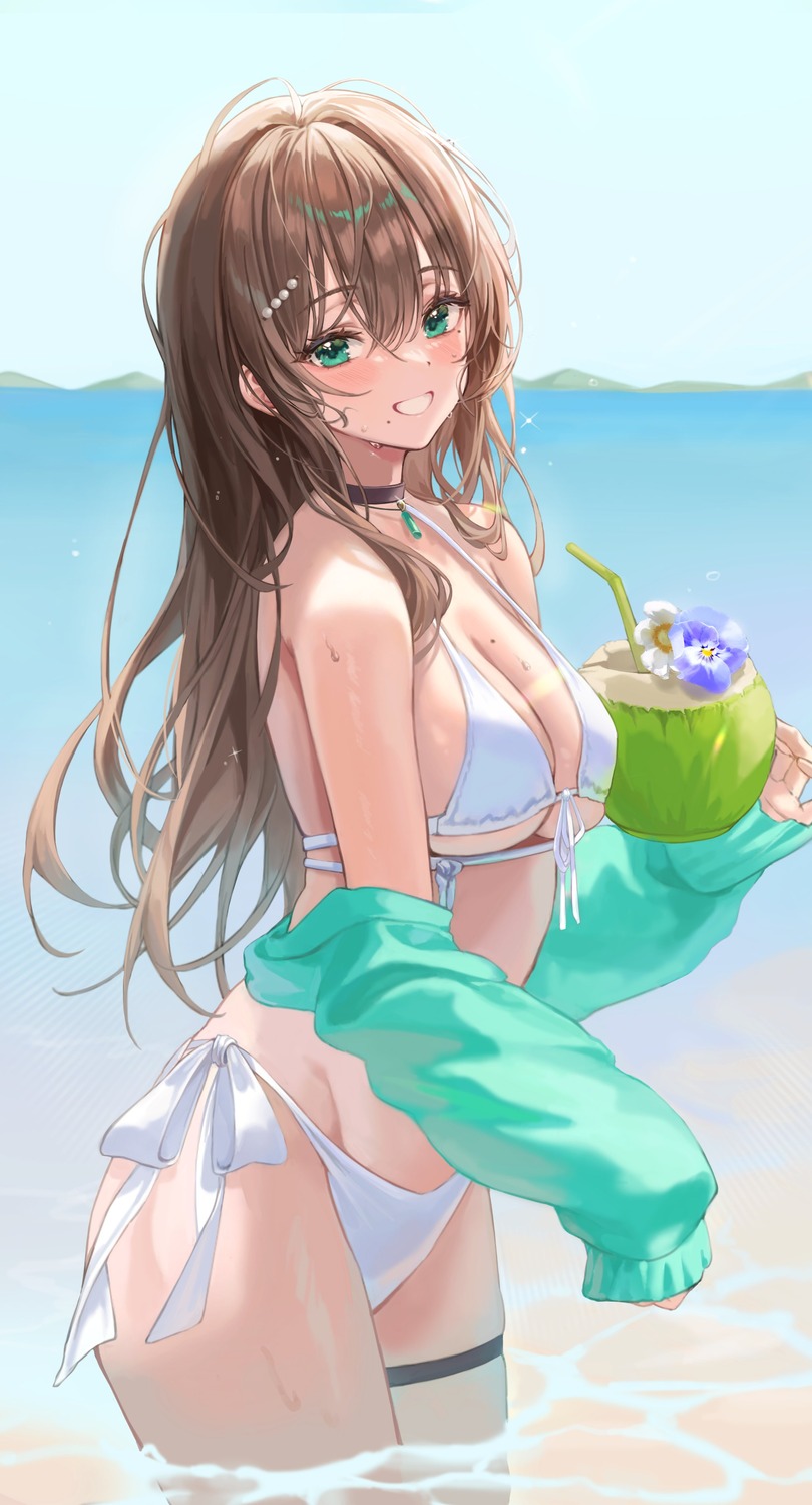 bikini garter lujang_(fudge) open_shirt swimsuits wet