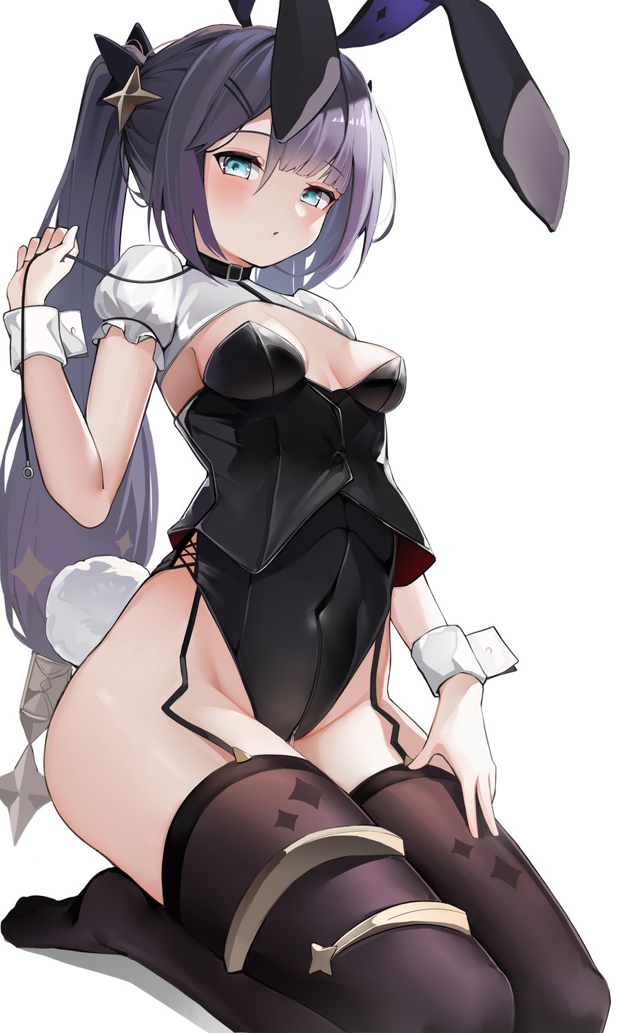 animal_ears berserker_r bunny_ears bunny_girl garter genshin_impact mona_megistus no_bra stockings tail thighhighs