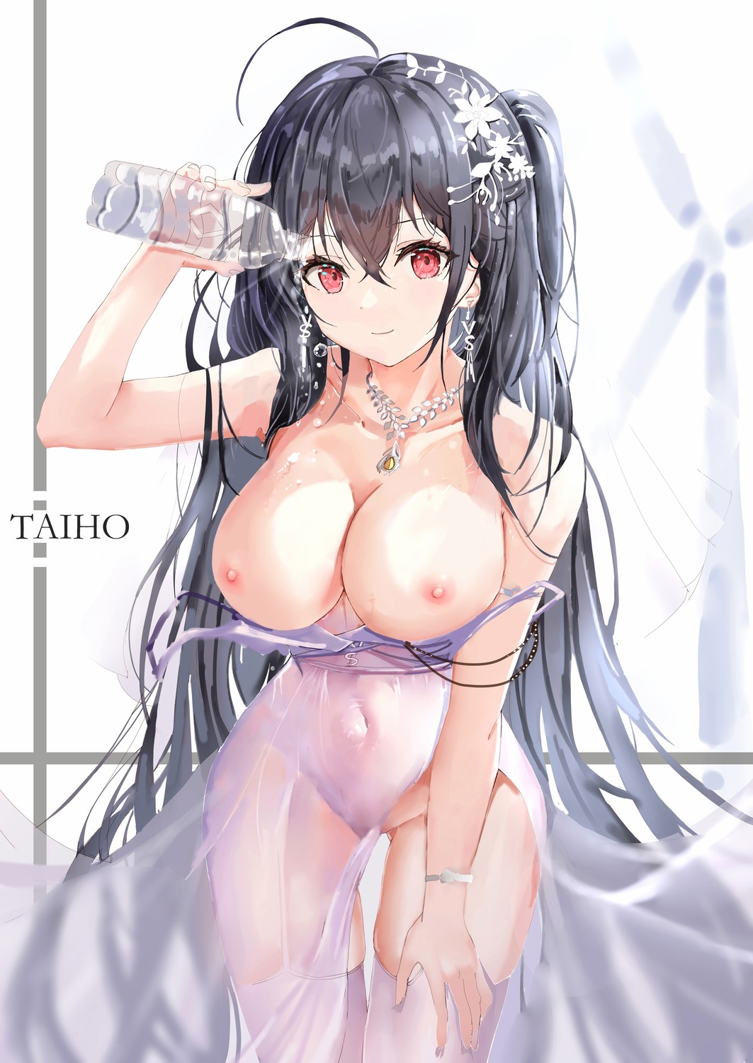 age_fx azur_lane breasts dress nipples no_bra nopan see_through stockings taihou_(azur_lane) thighhighs wet