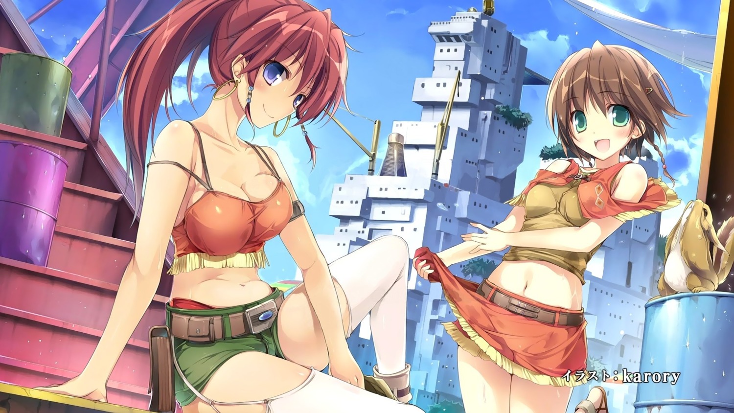 amy_(gargantia) bellows endcard grace_(gargantia) karory no_bra skirt_lift stockings suisei_no_gargantia thighhighs wallpaper wet