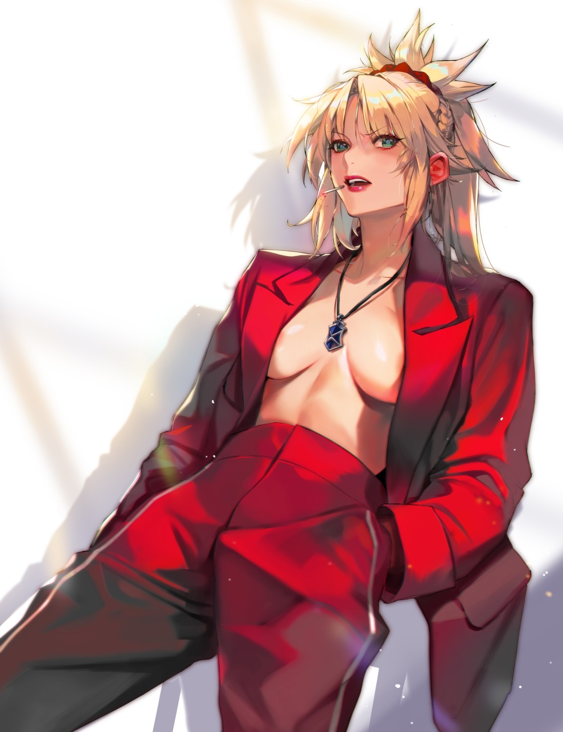 areola fate/grand_order imp_(sksalfl132) mordred_(fate) no_bra open_shirt smoking