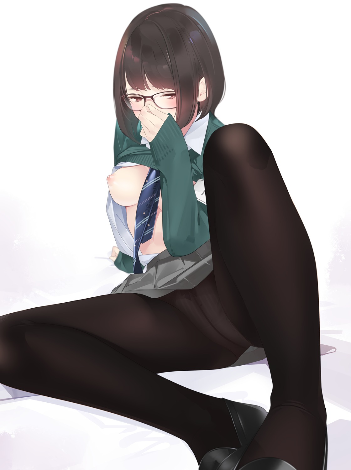 ama_mitsuki breasts megane nipples no_bra open_shirt pantsu pantyhose seifuku shirt_lift skirt_lift sweater