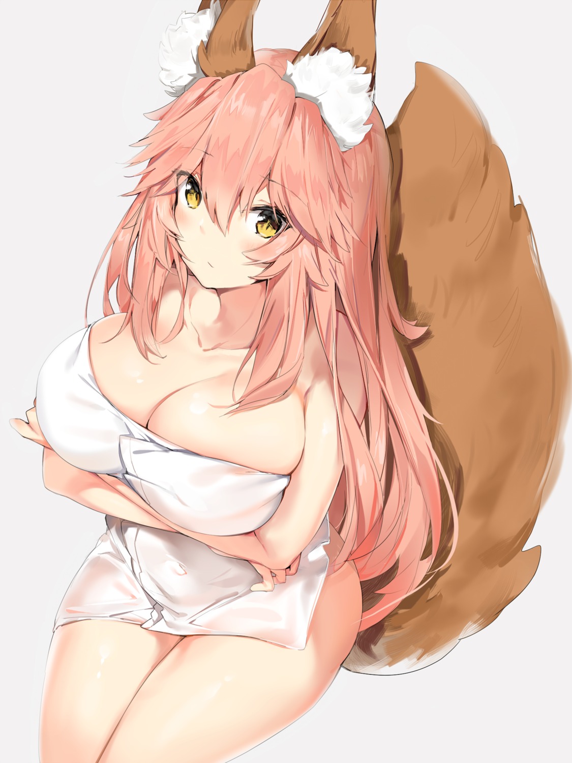 animal_ears breast_hold fate/extra fate/grand_order fate/stay_night kitsune silver_(chenwen) tail tamamo_no_mae towel