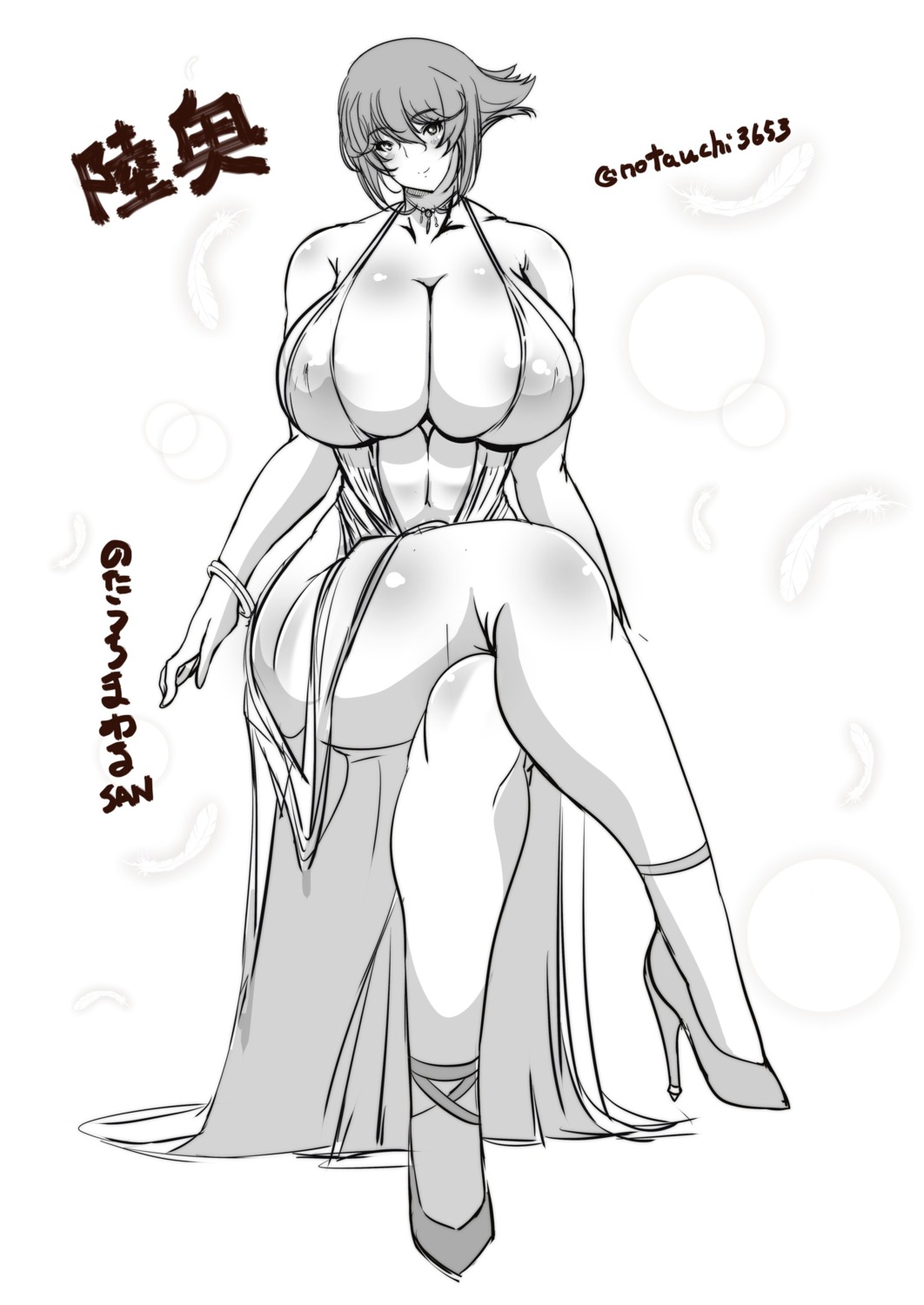 areola dress erect_nipples heels kantai_collection monochrome mutsu_(kancolle) no_bra notauchi_mawaru_ni-shiki sketch