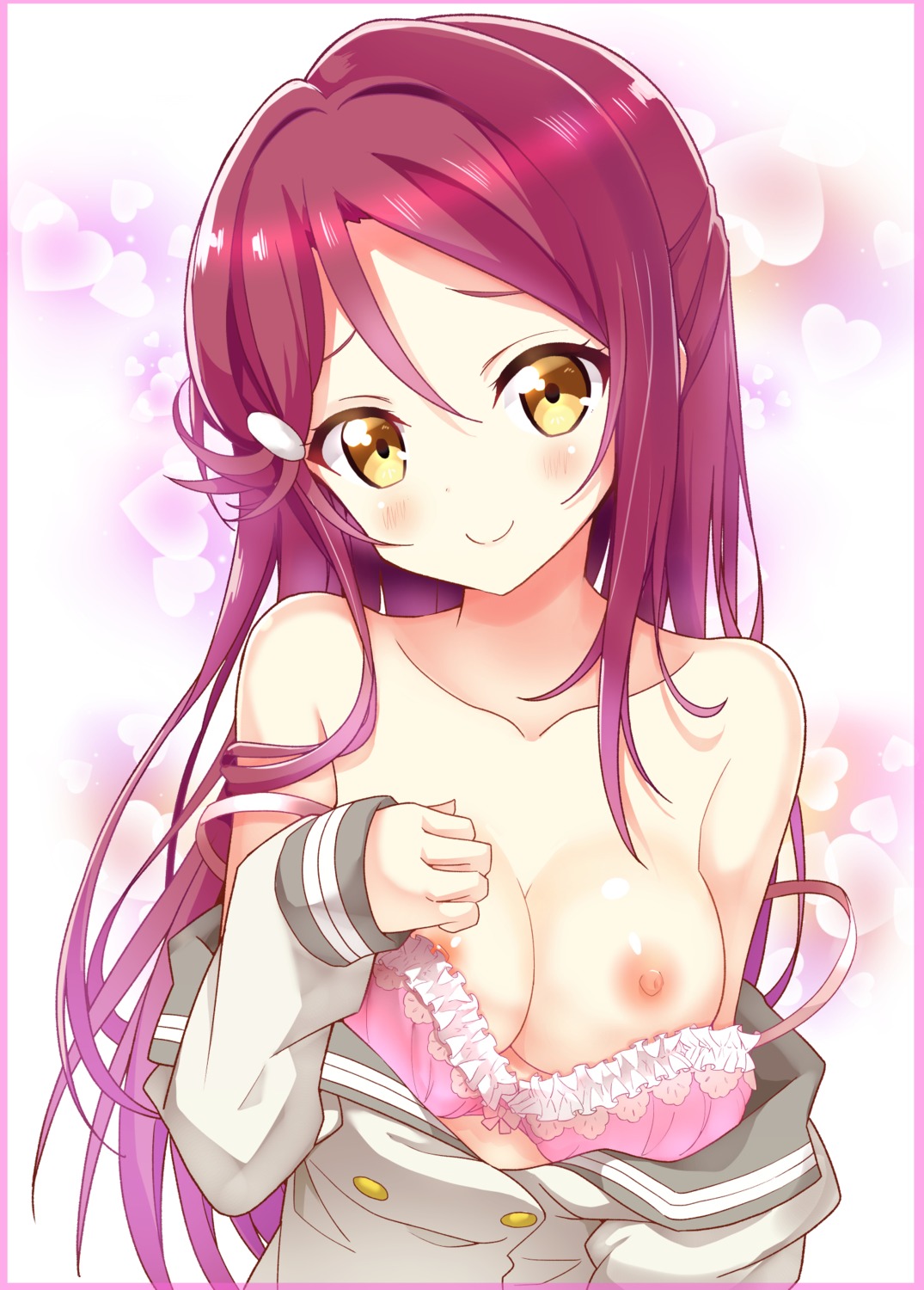 bra breast_hold breasts love_live!_sunshine!! nanakusa_(user_rnpt7322) nipples open_shirt sakurauchi_riko seifuku