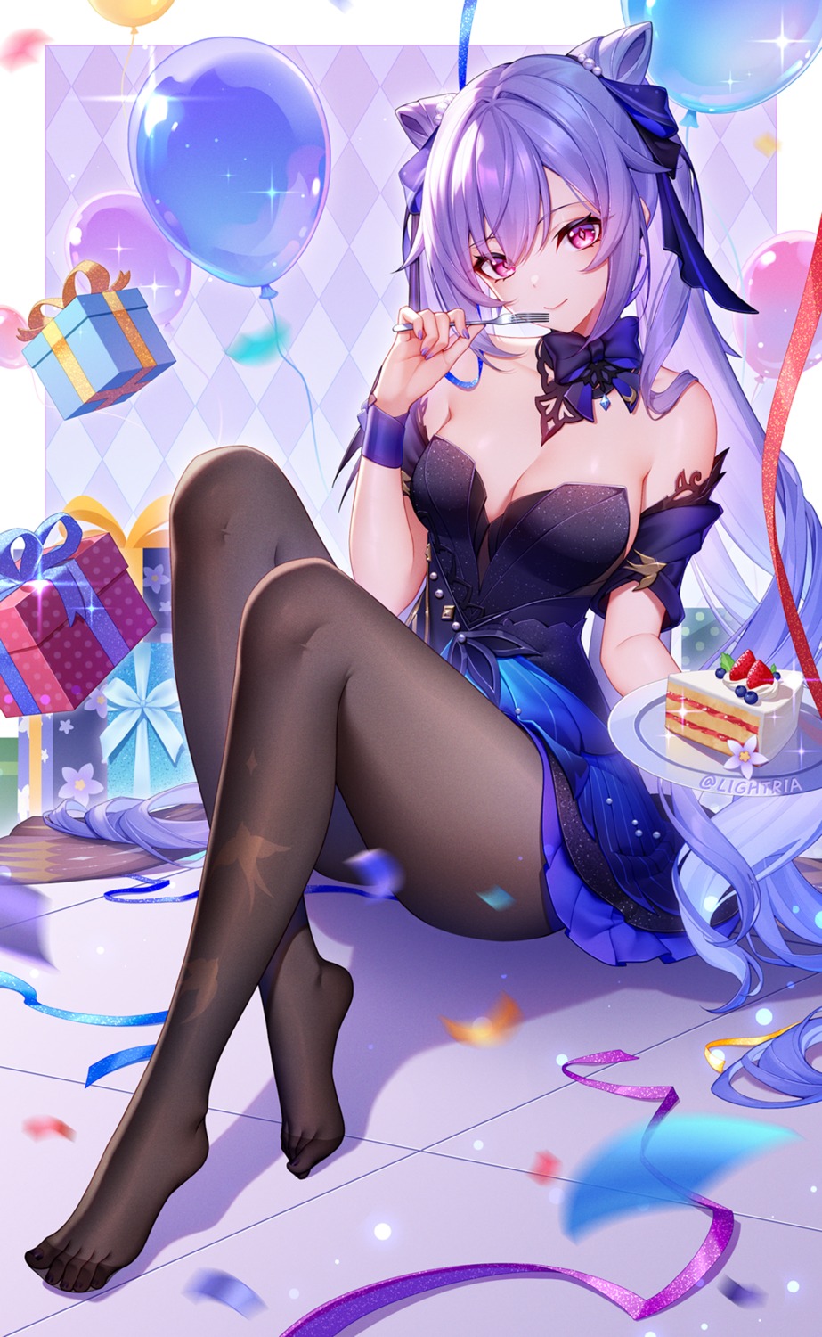 dress feet genshin_impact keqing lightria no_bra pantyhose skirt_lift