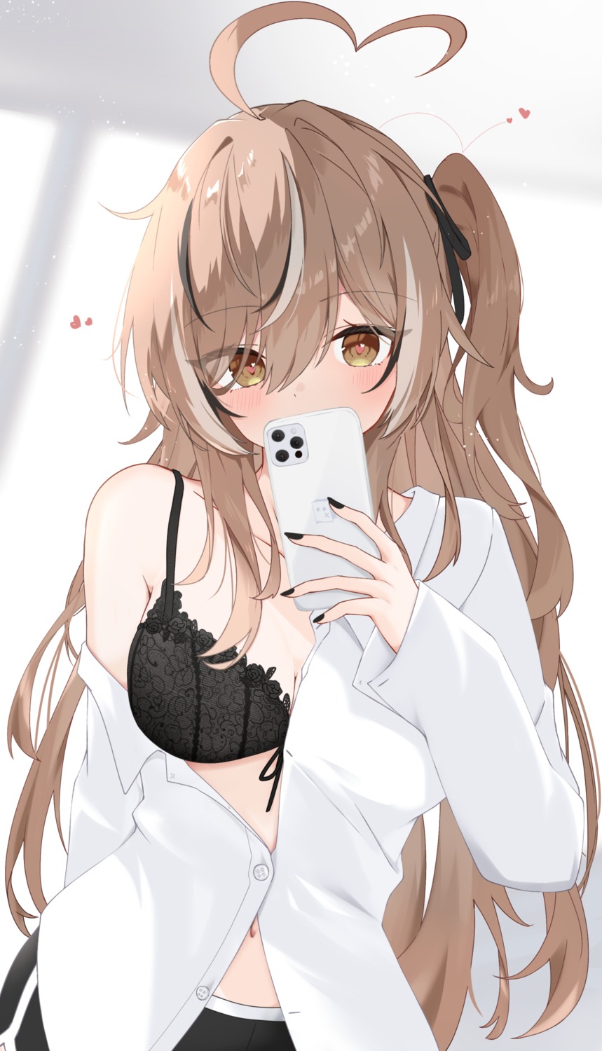 bra dress_shirt hololive hololive_english nanashi_mumei narukahana open_shirt selfie