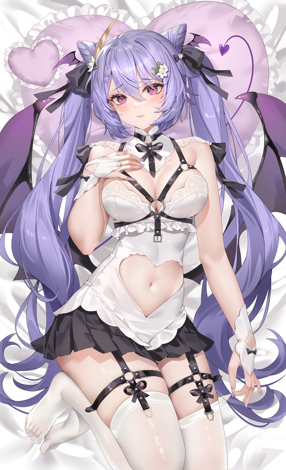 areola devil garter genshin_impact keqing melailai no_bra stockings tail thighhighs wings